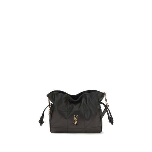 Compact Crossbody Clutch Handbag by Saint Laurent for women in lamb leather black showcases a sculptural silhouette, featuring a secure drawstring, ample , and versatile crossbody-strap for a sculptural aesthetic.