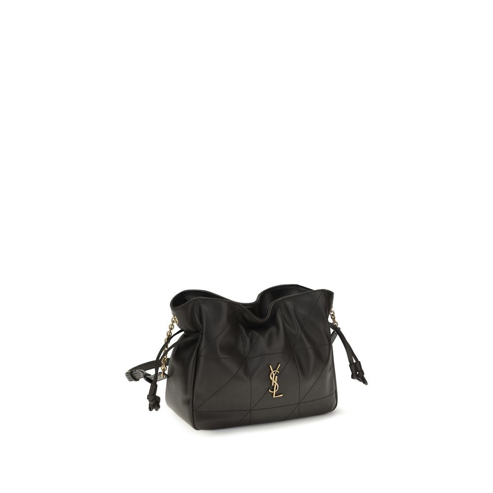 Compact Crossbody Clutch Handbag by Saint Laurent for women in lamb leather black features an sculptural silhouette, showcasing a secure drawstring and sculptural with versatile crossbody-strap for a sophisticated look.