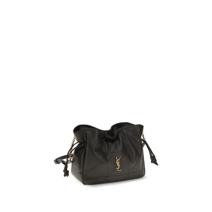 Compact Crossbody Clutch Handbag by Saint Laurent for women in lamb leather black features an sculptural silhouette, showcasing a secure drawstring and sculptural with versatile crossbody-strap for a sophisticated look.