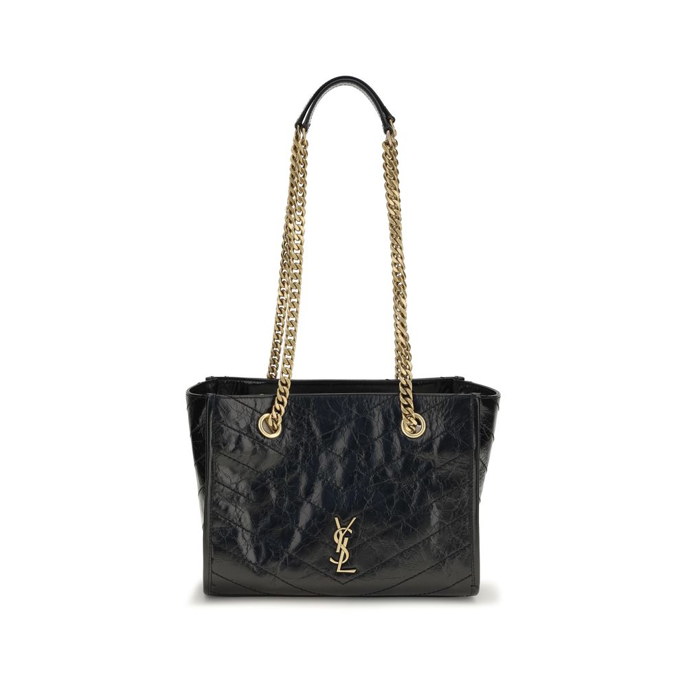 Small Shoulder Shopper Tote Bag by Saint Laurent for women in bos taurus calfskin leather black, chevron & signature presents a versatile silhouette, showcasing a secure and versatile with versatile shoulder-strap for a sophisticated look.
