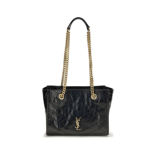 Small Shoulder Shopper Tote Bag by Saint Laurent for women in bos taurus calfskin leather black, chevron & signature presents a versatile silhouette, showcasing a secure and versatile with versatile shoulder-strap for a sophisticated look.
