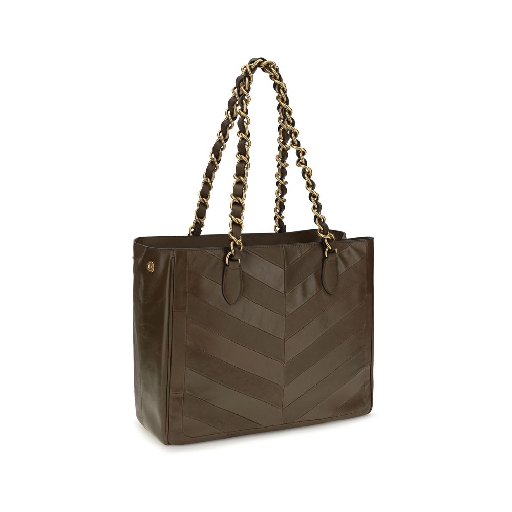 Shoulder Shopper Bag by Valentino Garavani for women in bos taurus nappa calf leather brown, gold, patterned, chevron, signature & patchwork features an effortlessly chic silhouette with a secure magnetic, ample , and versatile shoulder-strap & handle for effortlessly chic everyday luxury.