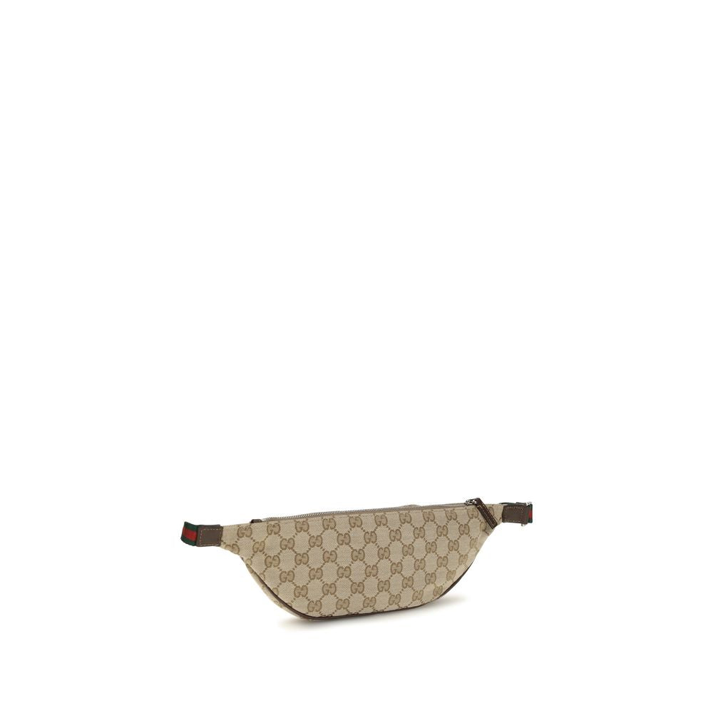 Small Shoulder Fanny Pack Bag by Gucci for men in canvas leather & palladium beige, brown, green, palladium, red, signature & striped features an effortlessly chic silhouette with a secure zipper & buckle, ample cardholder, and versatile shoulder-strap & adjustable-strap for effortlessly chic everyday luxury.
