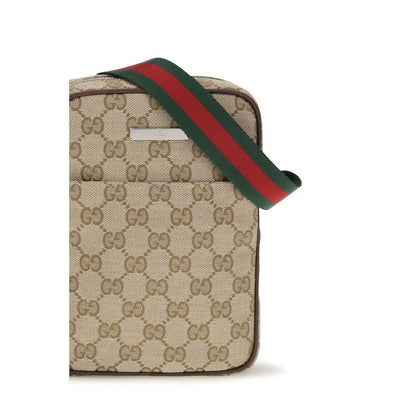 Shoulder Shopper Pouch Bag by Gucci for men in canvas leather & palladium beige, brown, green, palladium, red, signature & striped features a effortless sophistication silhouette, secured by a zipper & magnetic with ample and versatile shoulder-strap & adjustable-strap for a effortless sophistication finish.