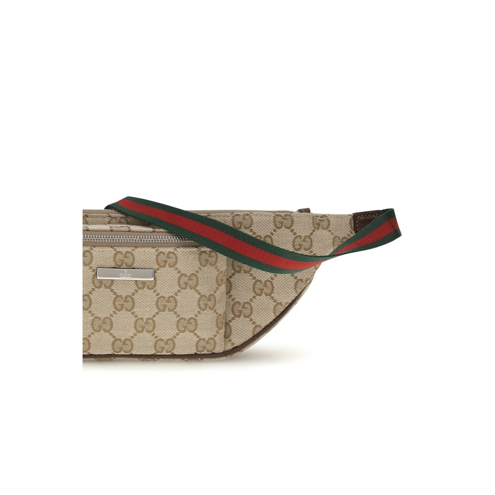 Small Shoulder Fanny Pack Bag by Gucci for men in canvas leather & palladium beige, brown, green, palladium, red, signature & striped features a effortless sophistication silhouette, secured by a zipper & buckle with ample cardholder and versatile shoulder-strap & adjustable-strap for a effortless sophistication finish.