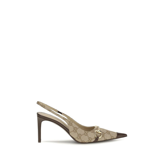 High-Heel Stiletto Slingback Pumps Heels by Gucci for women in leather beige, brown & gold features an effortlessly chic silhouette from the Gg Horsebit Women's Leather High-Heel Stiletto Slingback Pumps Heels collection, showcasing a stiletto high-heel and effortlessly chic pointed toe style for a effortlessly chic look.