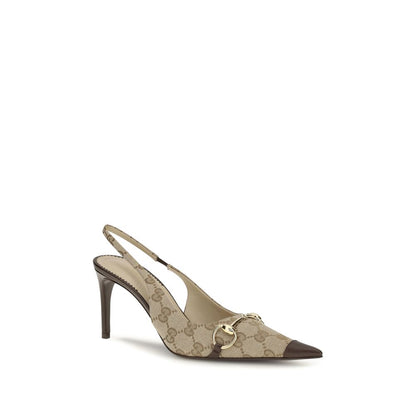 High-Heel Stiletto Slingback Pumps Heels by Gucci for women in leather beige, brown & gold features a effortlessly chic Gg Horsebit Women's Leather High-Heel Stiletto Slingback Pumps Heels design with a sophisticated stiletto high-heel and elegant pointed toe style.