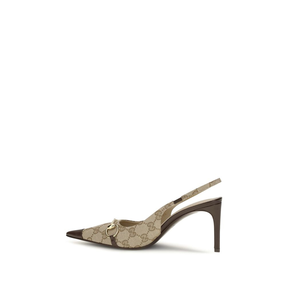 High-Heel Stiletto Slingback Pumps Heels by Gucci for women in leather beige, brown & gold features a effortless chic silhouette, showcasing the Gg Horsebit Women's Leather High-Heel Stiletto Slingback Pumps Heels design with a effortless chic stiletto high-heel and pointed toe style for a effortless chic finish.