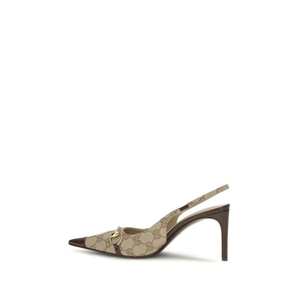 High-Heel Stiletto Slingback Pumps Heels by Gucci for women in leather beige, brown & gold features a effortless chic silhouette, showcasing the Gg Horsebit Women's Leather High-Heel Stiletto Slingback Pumps Heels design with a effortless chic stiletto high-heel and pointed toe style for a effortless chic finish.