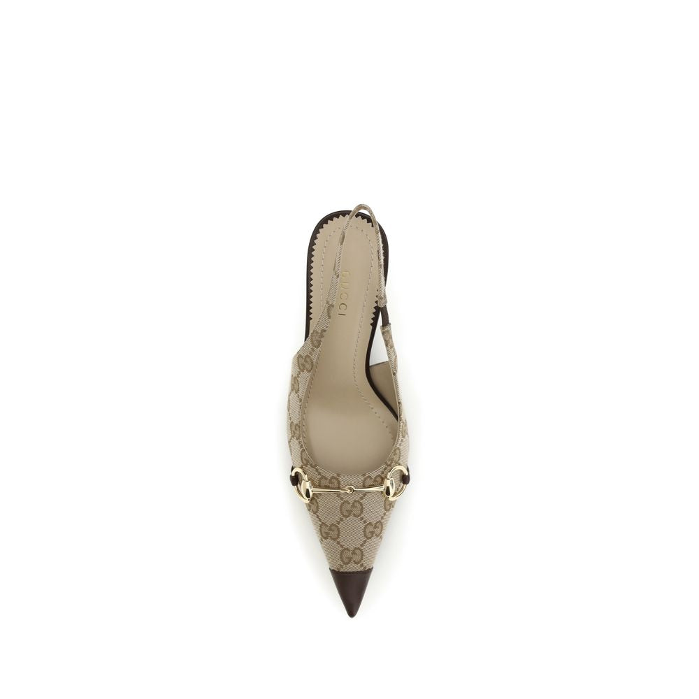 High-Heel Stiletto Slingback Pumps Heels by Gucci for women in leather beige, brown & gold showcases a exquisite silhouette, perfectly accentuating Gg Horsebit Women's Leather High-Heel Stiletto Slingback Pumps Heels with a exquisite stiletto high-heel and exquisite pointed toe style.