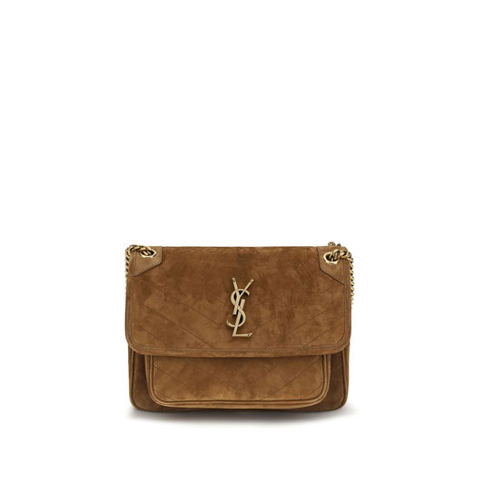 Medium 2-in-1 Shoulder & Crossbody Flap Bag by Saint Laurent for women in suede leather & cotton bronze, brown, chevron & signature features a enviable silhouette, showcasing a secure flap & magnetic, ample built-in-compartments, and enviable crossbody-strap & shoulder-strap for a enviable finish.