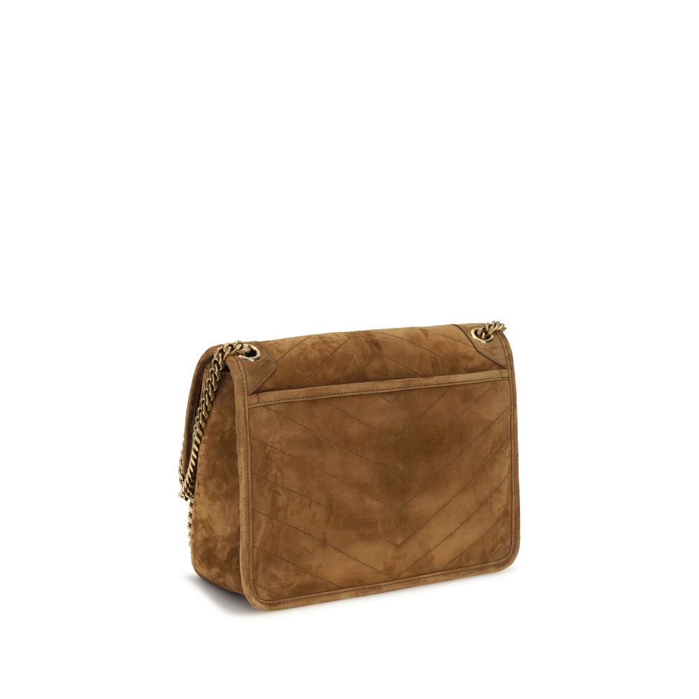 Medium 2-in-1 Shoulder & Crossbody Flap Bag by Saint Laurent for women in suede leather & cotton bronze, brown, chevron & signature features a effortless chic silhouette with a secure flap & magnetic, ample built-in-compartments, and versatile crossbody-strap & shoulder-strap for a effortless chic finish.