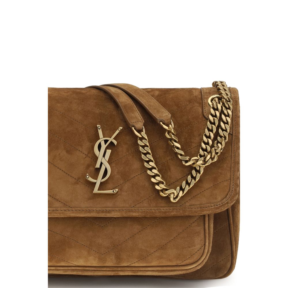 Medium 2-in-1 Shoulder & Crossbody Flap Bag by Saint Laurent for women in suede leather & cotton bronze, brown, chevron & signature presents a versatile silhouette, showcasing a secure flap & magnetic and versatile built-in-compartments with versatile crossbody-strap & shoulder-strap for a sophisticated look.