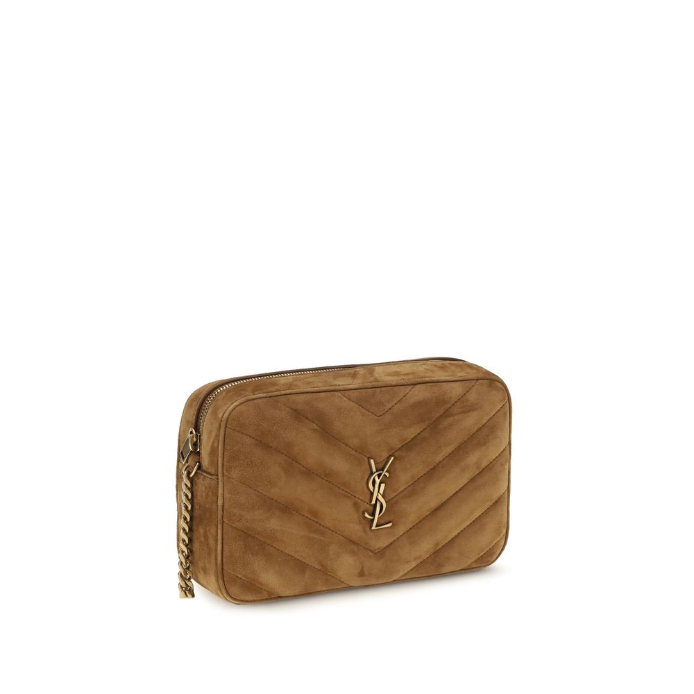 Shoulder Camera Bag by Saint Laurent for women in bos taurus suede calf leather bronze, brown & chevron features an effortlessly chic silhouette with a secure zipper, ample , and versatile shoulder-strap & adjustable-strap for effortlessly chic everyday luxury.
