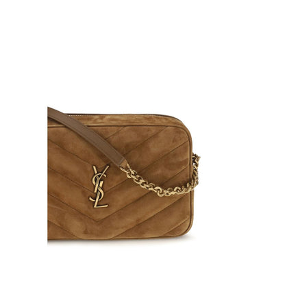 Shoulder Camera Bag by Saint Laurent for women in bos taurus suede calf leather bronze, brown & chevron presents a versatile silhouette, showcasing a secure zipper and versatile with versatile shoulder-strap & adjustable-strap for a sophisticated look.