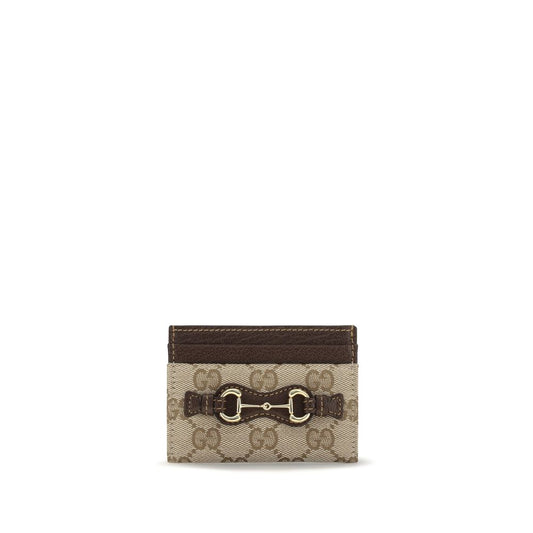 Cardholder Wallet by Gucci for women in cotton & leather brown & signature presents a streamlined silhouette, showcasing the sophisticated design of the Gg Horsebit Cotton & Leather Cardholder Wallet collection with functional card-organization compact-design.