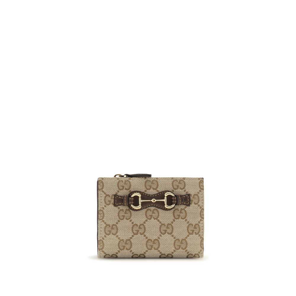 Wallet by Gucci for women in cotton & leather brown & signature presents a architectural silhouette from the Gg Horsebit Cotton & Leather Wallet collection, showcasing architectural compact-design for a architectural finish.