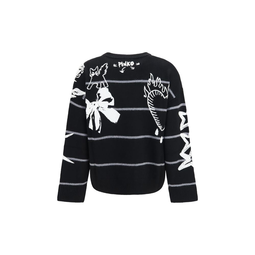 Sweatshirt by PINKO for women in merino wool black & striped features an provocated silhouette, detailed with a provocated and a refined crew neckline for a sophisticated aesthetic.