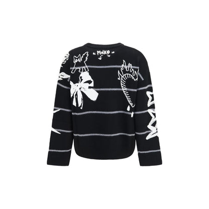 Sweatshirt by PINKO for women in merino wool black & striped features an provocated silhouette, detailed with a provocated and a refined crew neckline for a sophisticated aesthetic.