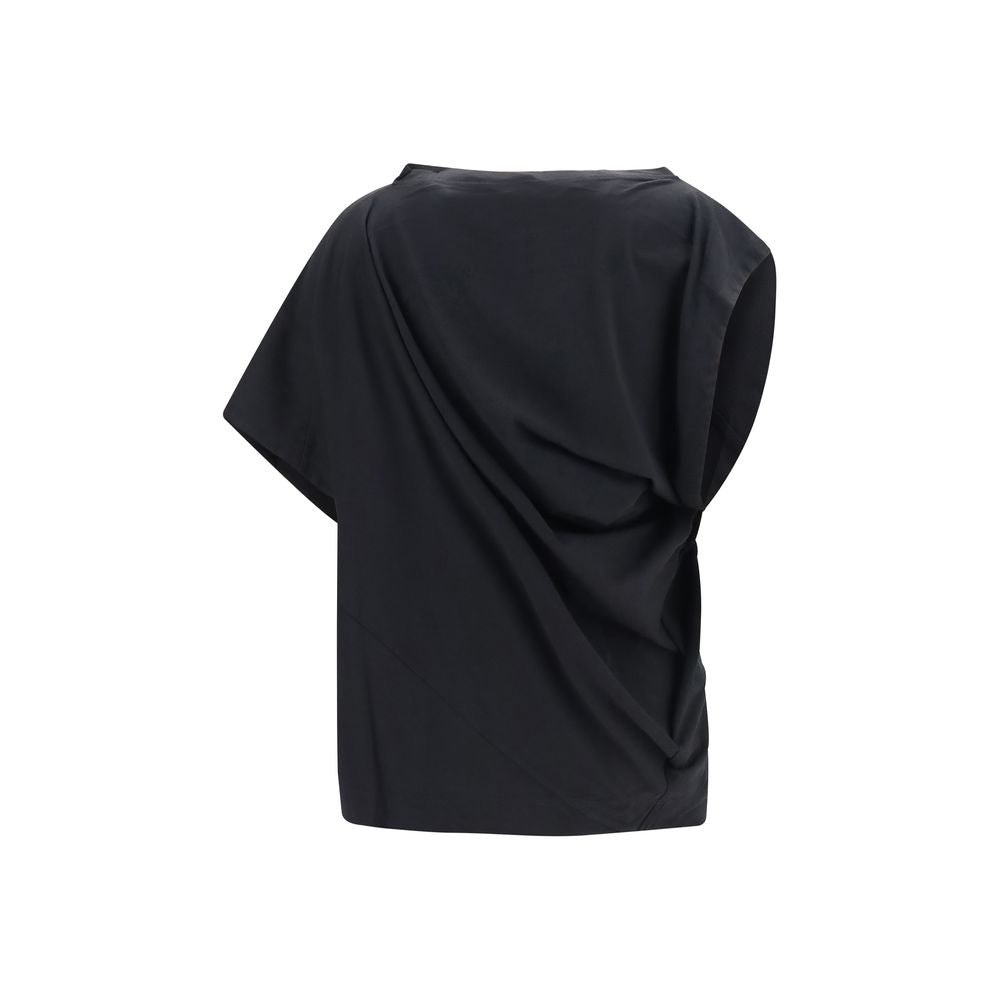 T-Shirt by Vivienne Westwood for women in cotton black & signature showcases a dramatic silhouette, elegantly detailed with a dramatic asymmetric neckline and for a truly dramatic finish.
