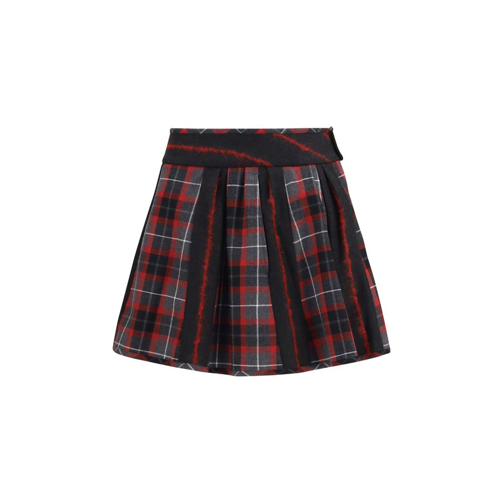 Skirt by Vivienne Westwood for women in virgin wool gold, red, patterned & tartan features an tailored silhouette, artfully capturing the essence of Orb Women's Flared Mid Rise Virgin Wool Short Mini Skirt in a sophisticated short mini.