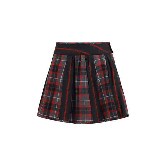 Skirt by Vivienne Westwood for women in virgin wool gold, red, patterned & tartan features an tailored silhouette, artfully capturing the essence of Orb Women's Flared Mid Rise Virgin Wool Short Mini Skirt in a sophisticated short mini.