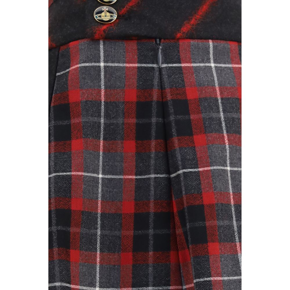 Skirt by Vivienne Westwood for women in virgin wool gold, red, patterned & tartan features an relaxed-yet-refined silhouette that elegantly showcases the Orb Women's Flared Mid Rise Virgin Wool Short Mini Skirt design and sophisticated short mini.