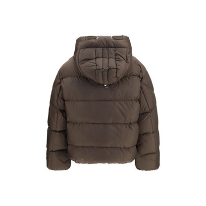 Hooded Overcoat by Parajumpers for women in polyamide duck & goose down brown features an satoral silhouette, showcasing a sophisticated hooded neckline and satoral pockets, hooded & insulated for a premium, timeless look.