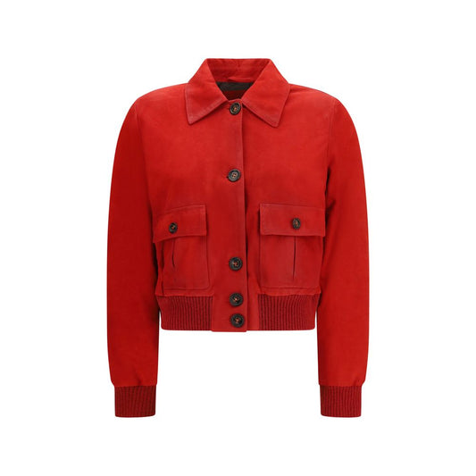 Overcoat by Valstar for women in suede goatskin leather red features a contemporary silhouette showcasing a contemporary and refined pockets for a sophisticated finish.