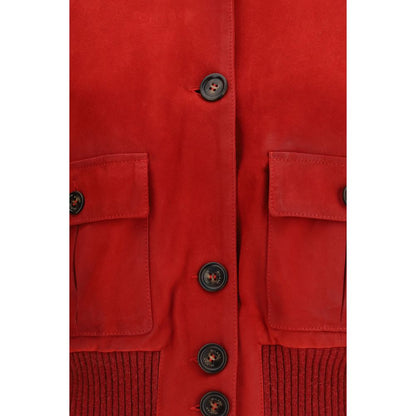 Overcoat by Valstar for women in suede goatskin leather red features an satoral silhouette, showcasing a sophisticated and satoral pockets for a premium, timeless look.