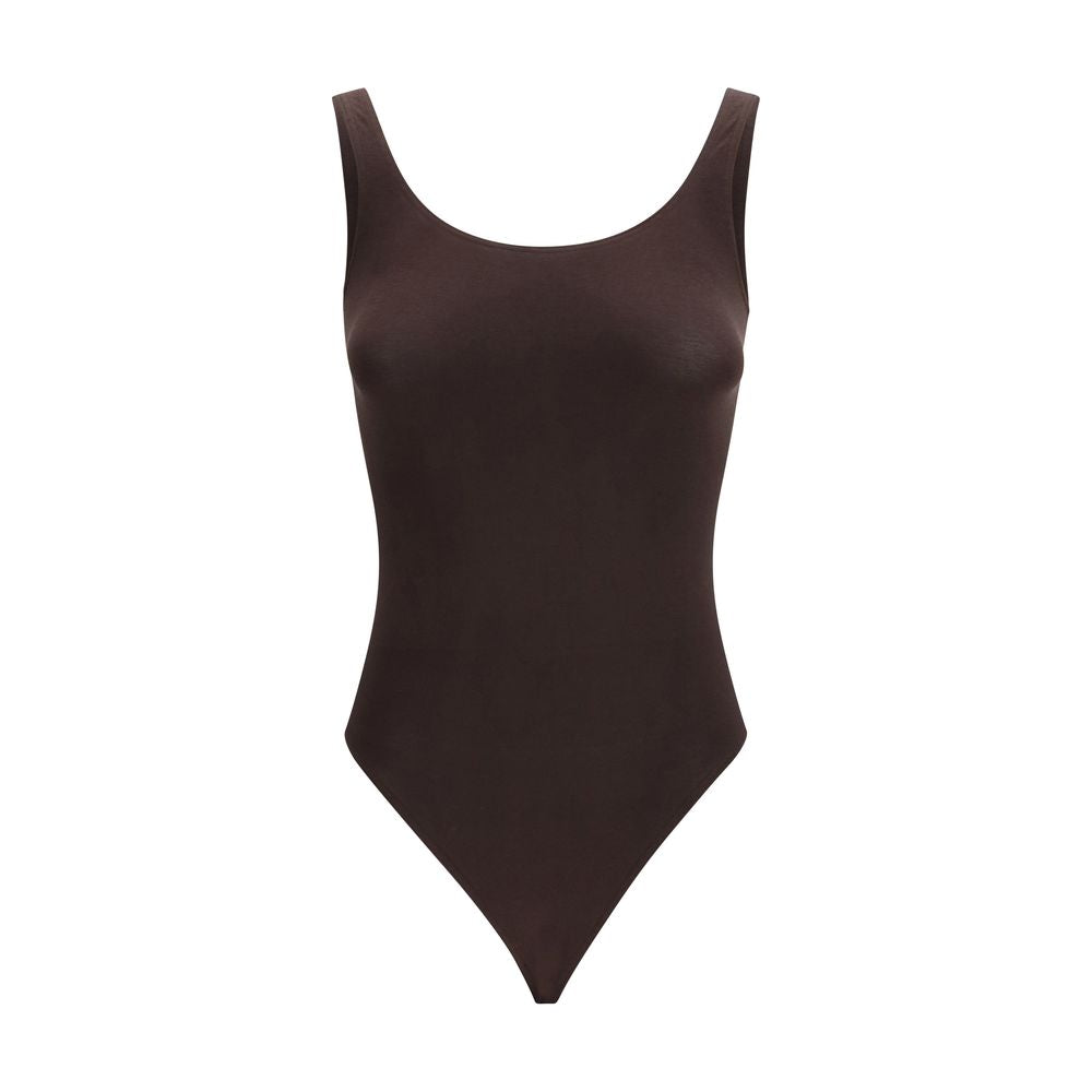 Bodysuit by Wolford for women in stretch polyamide cotton brown showcases a flawless silhouette, elegantly defined by a refined high-neck neckline and sleeveless for a flawless and polished finish.