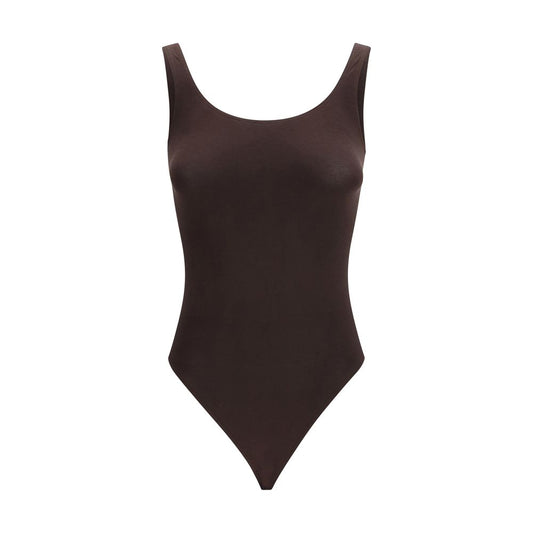 Bodysuit by Wolford for women in stretch polyamide cotton brown showcases a flawless silhouette, elegantly defined by a refined high-neck neckline and sleeveless for a flawless and polished finish.