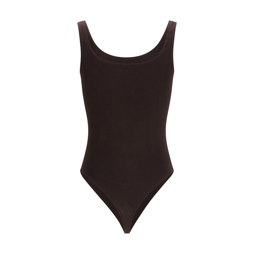 Bodysuit by Wolford for women in stretch polyamide cotton brown features an exquisite silhouette with a refined high-neck neckline and exquisite detailing.
