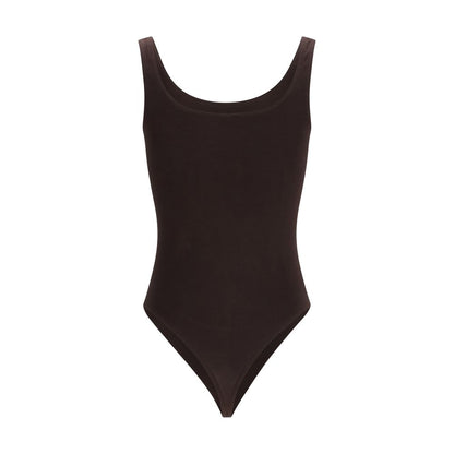 Bodysuit by Wolford for women in stretch polyamide cotton brown features an exquisite silhouette with a refined high-neck neckline and exquisite detailing.