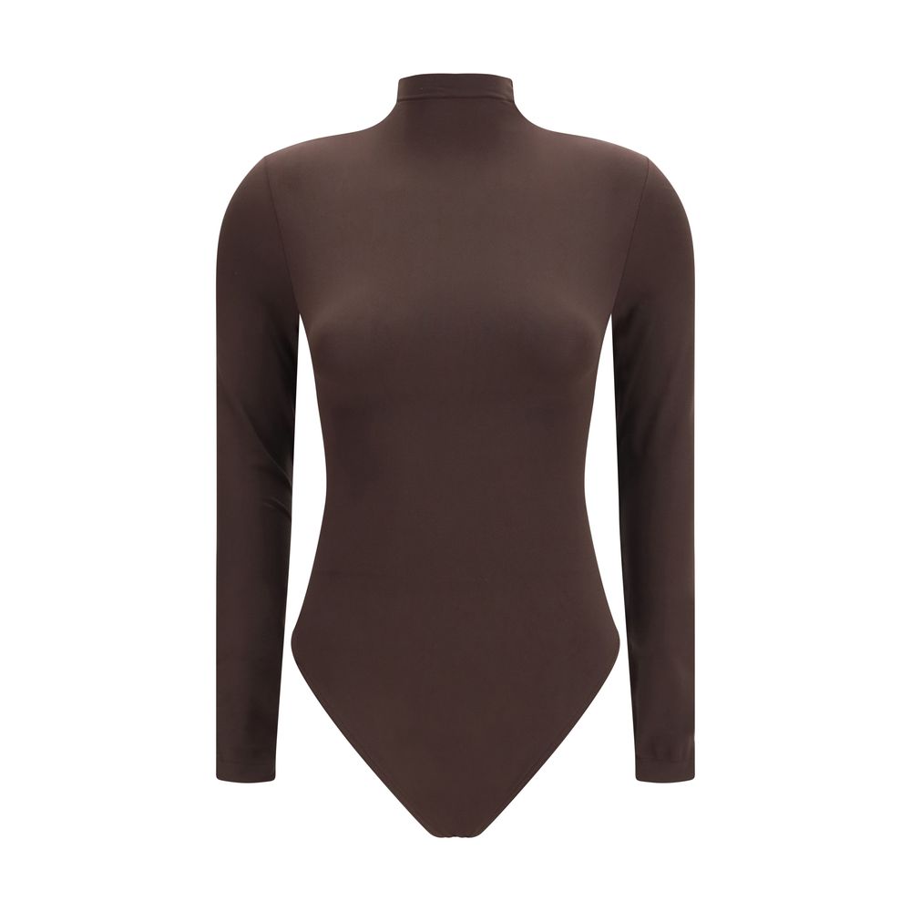 Bodysuit by Wolford for women in polyamide velvet brown features an amazing silhouette, showcasing a long-sleeve design and amazing turtle neckline for a truly amazing fit.