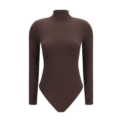 Bodysuit by Wolford for women in polyamide velvet brown features an amazing silhouette, showcasing a long-sleeve design and amazing turtle neckline for a truly amazing fit.