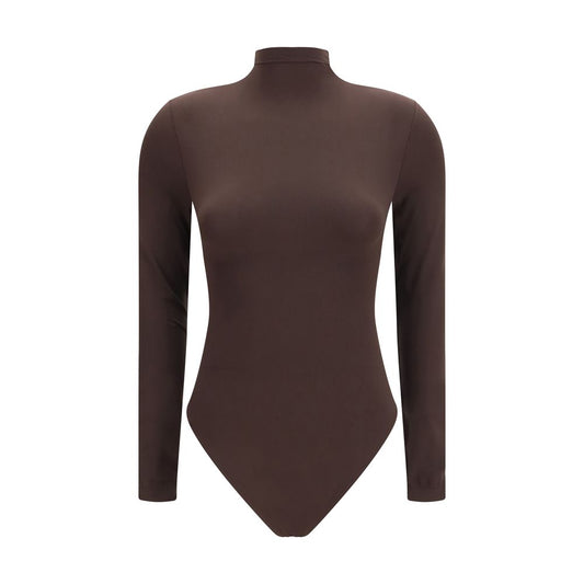 Bodysuit by Wolford for women in polyamide velvet brown features an amazing silhouette, showcasing a long-sleeve design and amazing turtle neckline for a truly amazing fit.