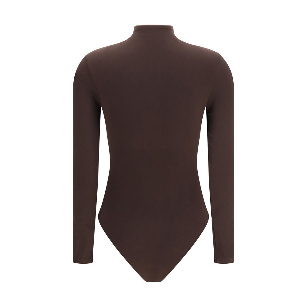 Bodysuit by Wolford for women in polyamide velvet brown features an provocative silhouette, showcasing a sophisticated turtle neckline and provocative for a refined, provocative look.
