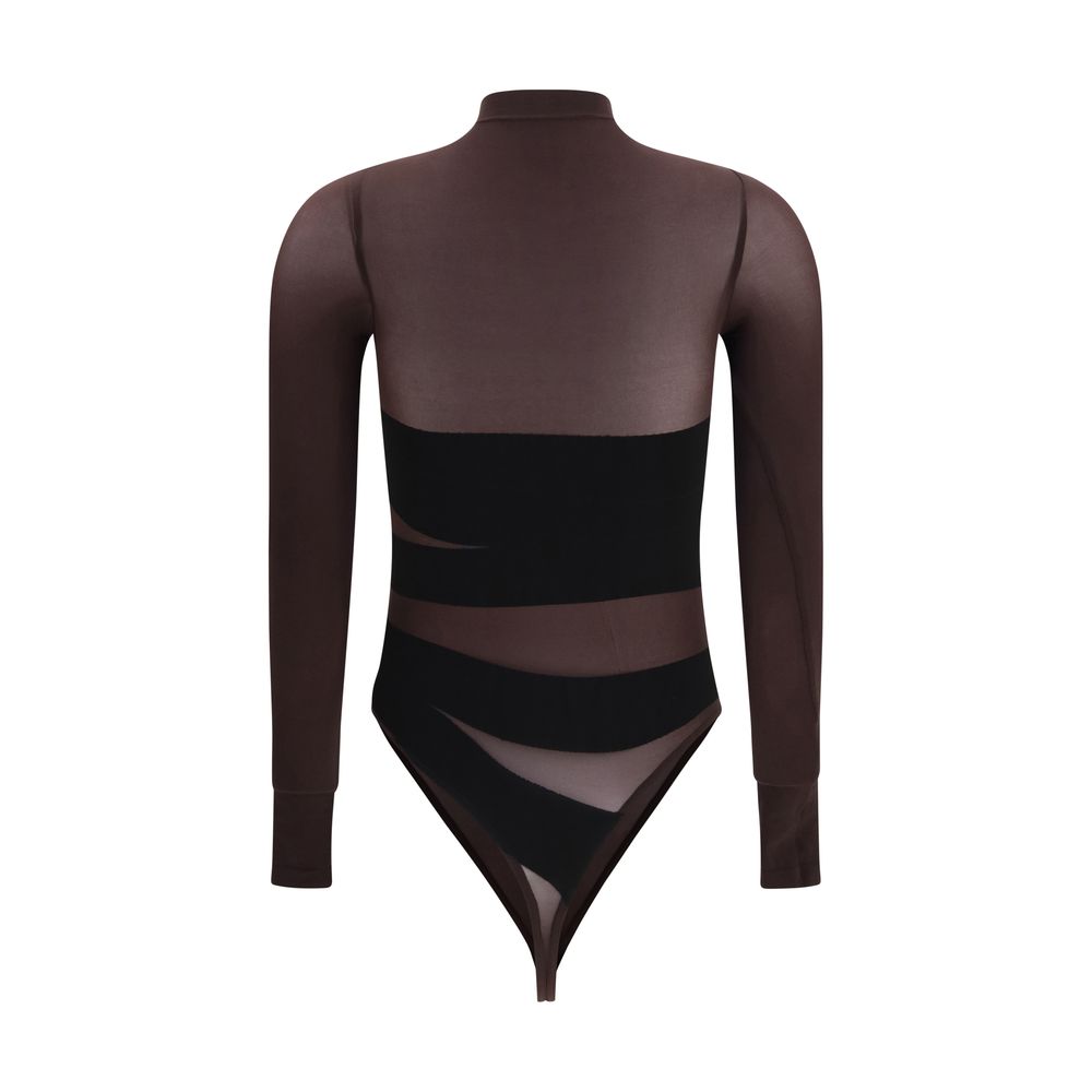 Bodysuit by Wolford for women in stretch polyamide brown & signature features an provocative silhouette, showcasing a sophisticated wrap high-neck neckline and provocative for a refined, provocative look.