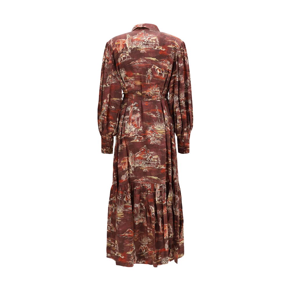 Dress by Alemais for women in silk brown & print showcases a striking silhouette, elegantly detailed with a , refined , and a striking midi for a striking finish.