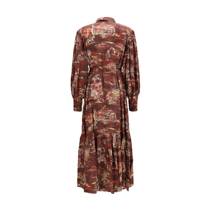 Dress by Alemais for women in silk brown & print showcases a striking silhouette, elegantly detailed with a , refined , and a striking midi for a striking finish.