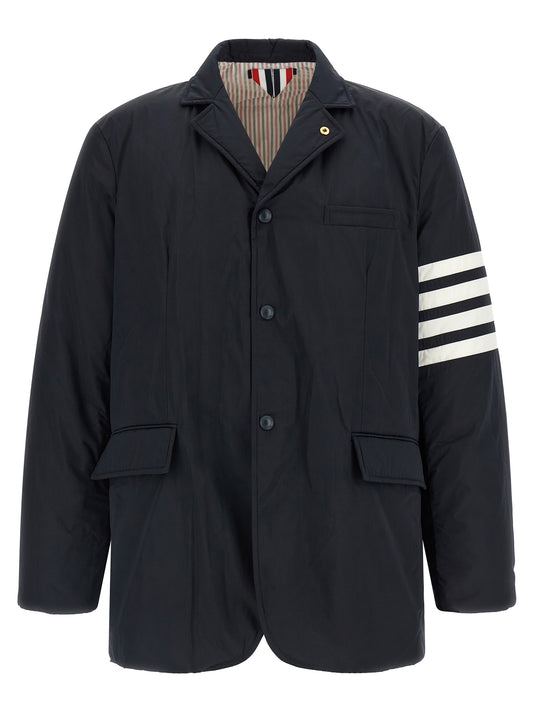 Jacket by Thom Browne for men in polyester navy & patterned showcases a enveloping silhouette, artfully detailed with a enveloping and premium pockets & insulated for a truly enveloping finish.