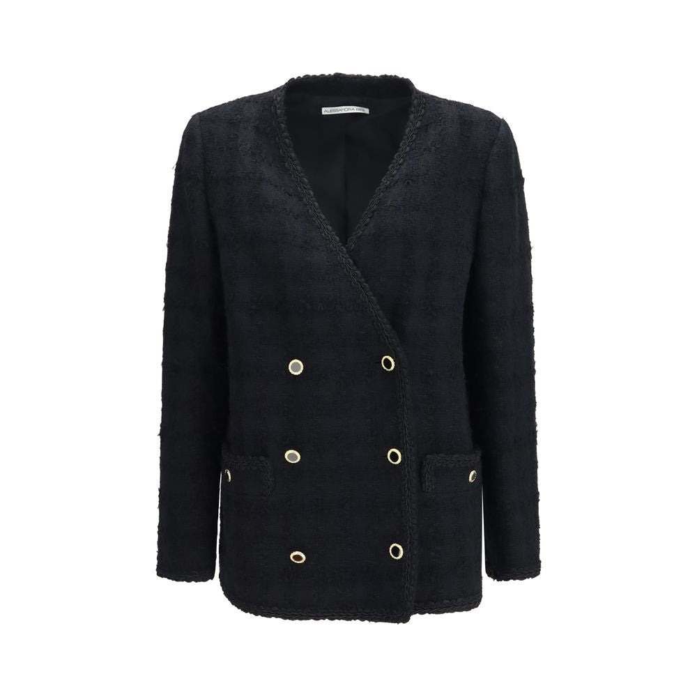 Overcoat by Alessandra Rich for women in cotton tweed linen & acrylic black, patterned & checked presents a luxurious silhouette, showcasing a luxurious and sophisticated for a premium, luxurious look.