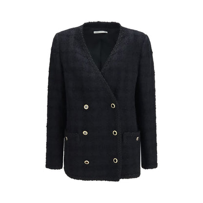 Overcoat by Alessandra Rich for women in cotton tweed linen & acrylic black, patterned & checked presents a luxurious silhouette, showcasing a luxurious and sophisticated for a premium, luxurious look.
