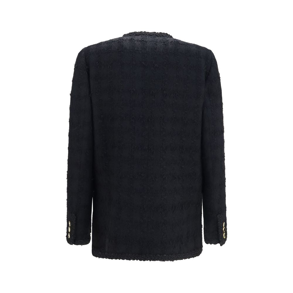Overcoat by Alessandra Rich for women in cotton tweed linen & acrylic black, patterned & checked showcases a architectural silhouette, artfully detailed with a distinctive and functional for a architectural finish.