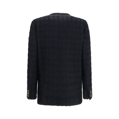 Overcoat by Alessandra Rich for women in cotton tweed linen & acrylic black, patterned & checked showcases a architectural silhouette, artfully detailed with a distinctive and functional for a architectural finish.