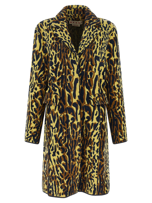 Overcoat by Marni for women in virgin wool animal, blue, brown, multicolor, yellow, jacquard & print features a cosy chic silhouette, artfully detailed with a sophisticated and premium pockets for a cosy chic finish.