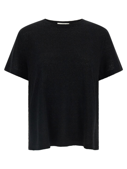 Blouse by CO for women in cotton linen polyester & silk black showcases a sleek silhouette, elegantly detailed with a sleek crew neckline and for a sleek finish.