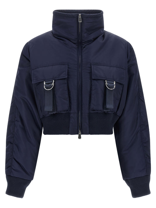 Bomber Jacket by PINKO for women in polyamide & satin blue showcases a bohemian silhouette, artfully detailed with a bohemian and signature pockets for a truly bohemian finish.