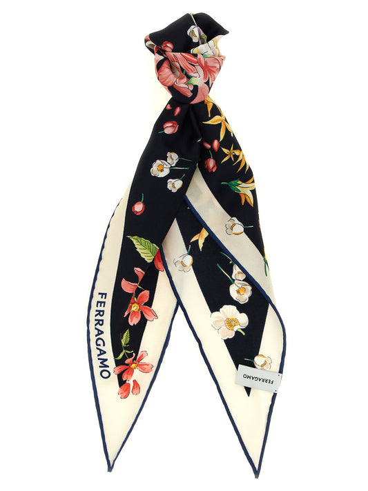 Scarf by Ferragamo for women in silk cream, multicolor, navy & print features a timeless silhouette, artfully capturing the essence of the timeless Silk Foulard Scarf design for a sophisticated look.